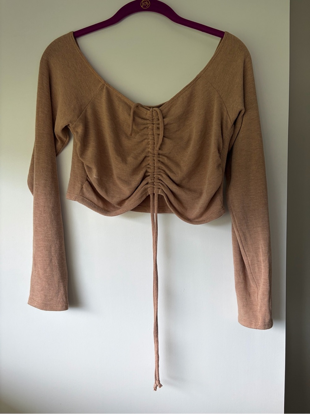 Le Lis Brown Ruched Off-Shoulder Drawstring Crop Top - Size L